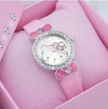 Часы hello kitty KT hello kitty с кожаным ремешком, наручные часы, детские настольные модные часы - Цвет: Розовый