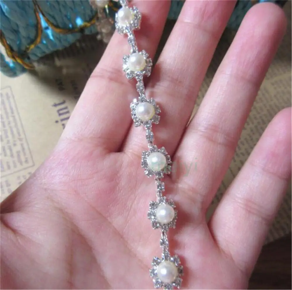 1 ярд жемчужина Стразы Хрусталь цепочка отделка Ленточные серебро Аппликация