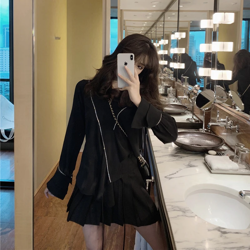 High Street Sets Women Black Asymmetrical Jacket Tops + Waist Pleated Skirt Spring Autumn New Vintage Fashion Two Piece Set |