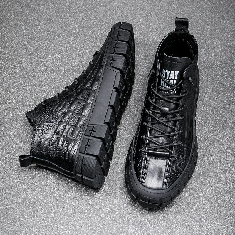 Новые мужские кожаные повседневные туфли с крокодиловым принтом высокие берцы