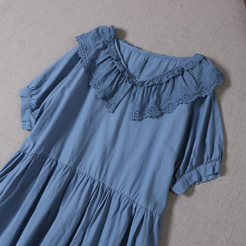 

New Summer Women Literary Retro Lace Ruffle Collar Dress Japan Style Mori Girl Loose Short Sleeve Dresses