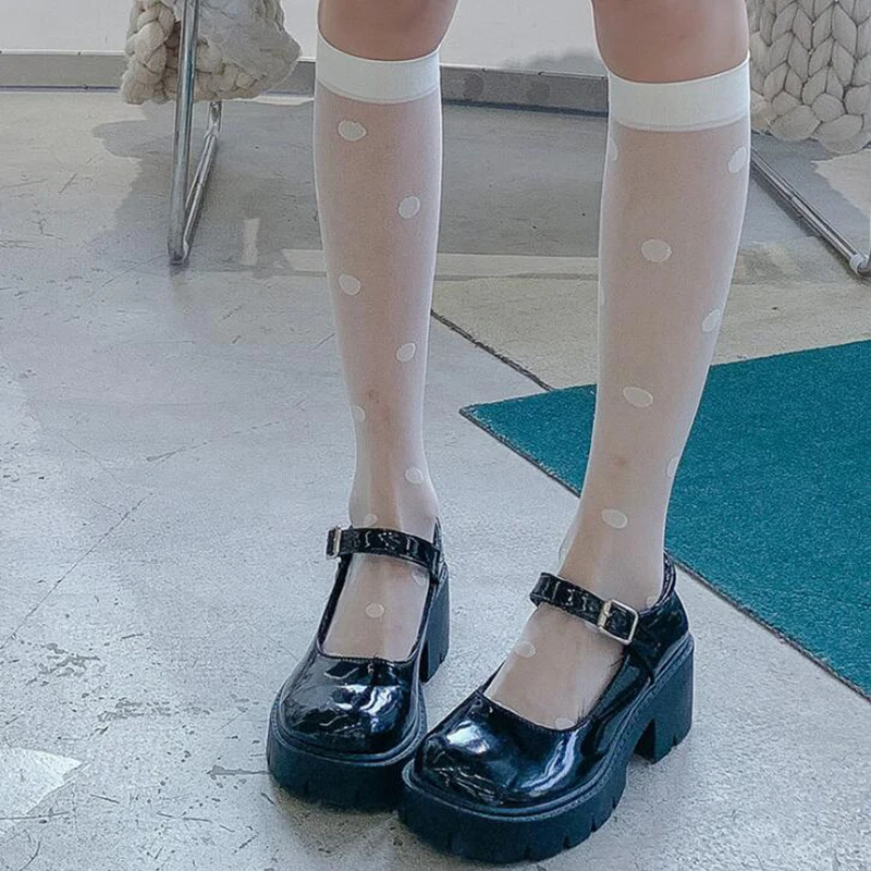 Lolita Polka Dot Socks Women Transparent Long Lace Socks Female Jk Ultra-thin Knee High Socks Nylon Stockings Dress Calcetine