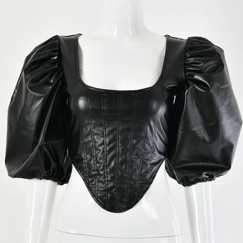 

FORERUN Leather Top Women Puff Sleeve Crop Tops Black T Shirt Sexy Cropped High Quality Poleras Mujer De Moda 2020