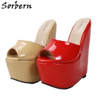 sorbern comfortable women slippers open toe patent leather wedges high heel platform summer style shoes female outdoor slides
