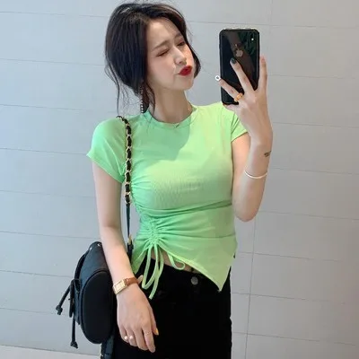 

han Ladies Summer Slim Round Neck T-shirt Top Short Sleeve Drawstring Solid Color Base Shirt