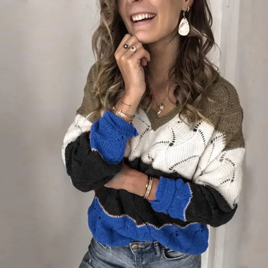 Свитер женский трикотажный с V-образным вырезом и длинным рукавом | Женская