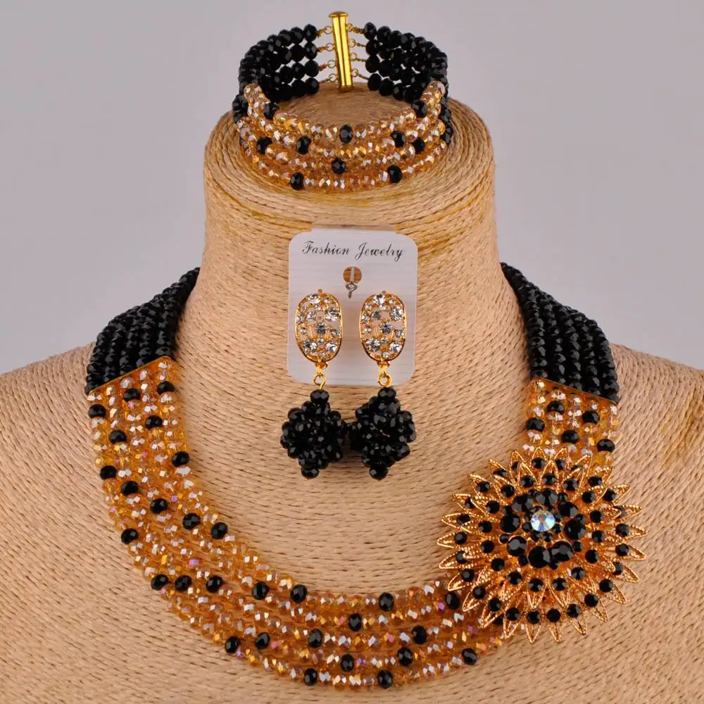 

fashion black and champagne gold ab nigerian wedding african beads jewelry set crystal 5SZ-04