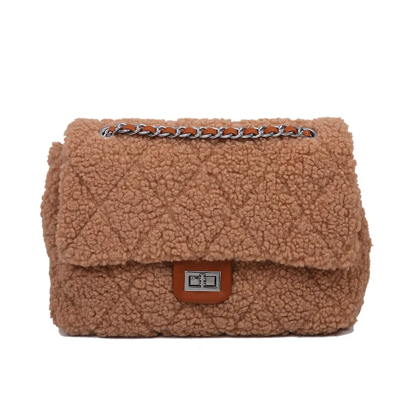 

New Lamb Cashmere Brand Design Handbags Wild Chain Plush Women's Messenger Small Square Bag Diamond Lattice Single Shoulder Bag