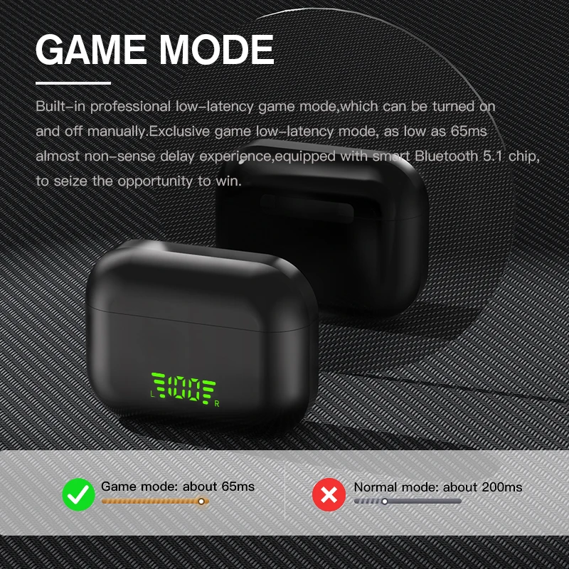 iKF Funpods Wireless Earbuds Gaming Noise Canceling Touch Control TWS Bluetooth 5.1 400mAh Waterproof Bass Earphone Black