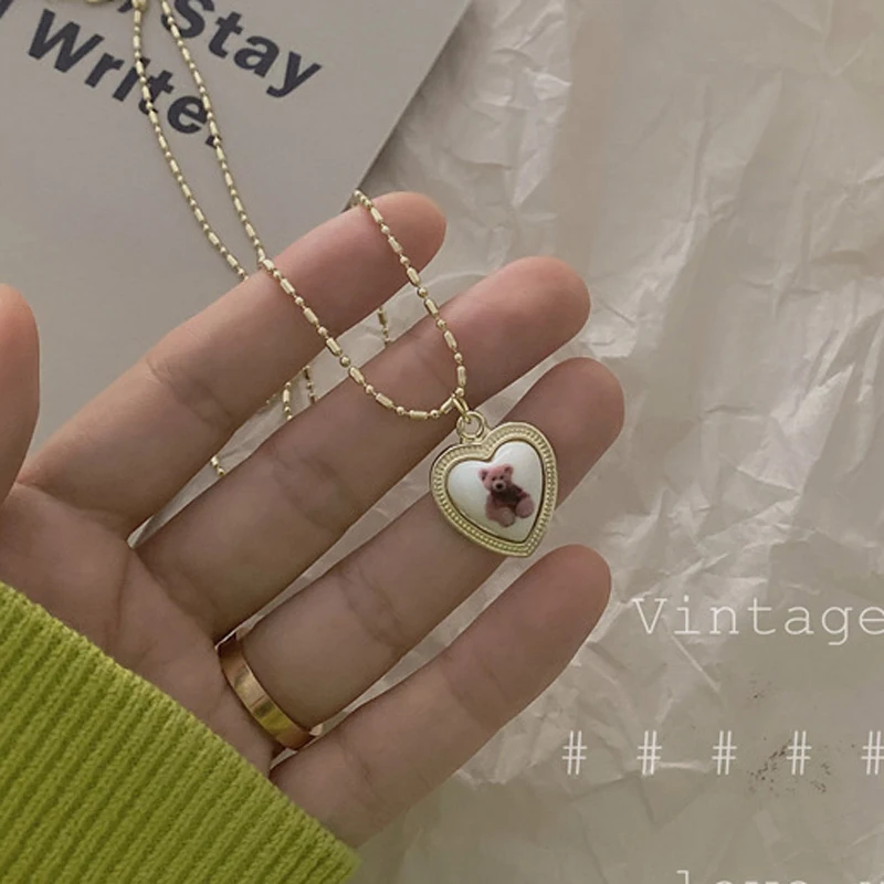 

Kpop Cute Heart Bear Pendant Necklace for Girl Women Vintage Retro Leopard Neck Chain Korean Fashion Collier Collares Jewelry