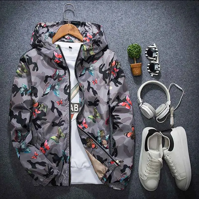 Серый Мужская куртка-бомбер chaqueta hombre с принтом бабочки камуфляжная ветровка куртка плюс размер мужские повседневные куртки с капюшоном пальто S-3XL - Цвет: Серый