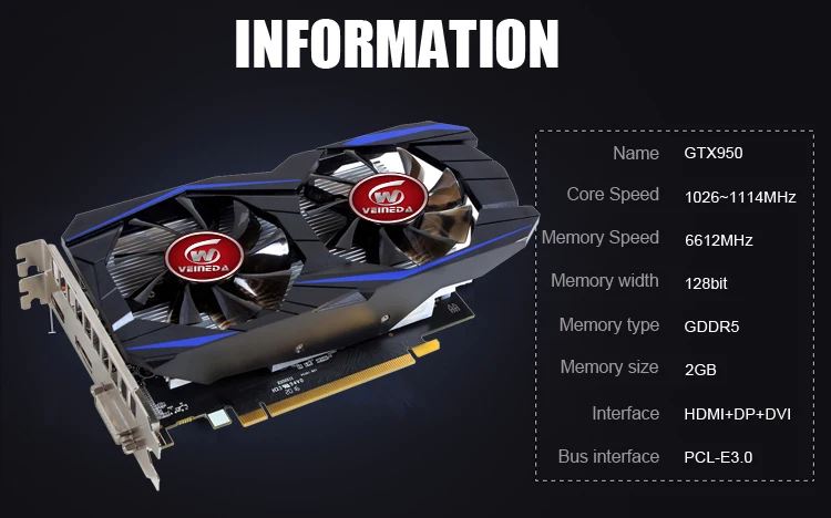 Видеокарта VEINEDA GTX950 2GB 128Bit GDDR5 видеокарта для игр nVIDIA Geforece