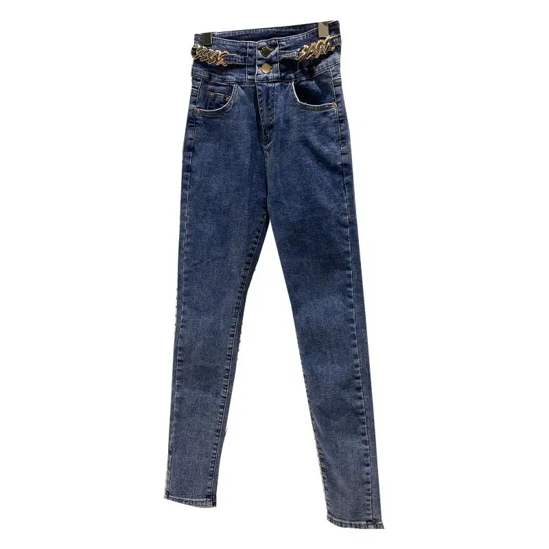 

Chimavvi 2021 Spring New Streetwear Blue Jeans for Women Waist Side King Metal Chain Slim Elastic Pencil Pants Trousers