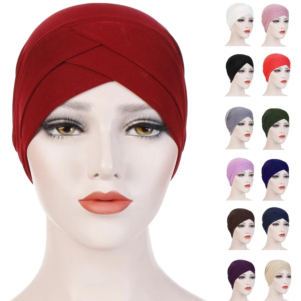 

New Fashion Solid color forehead cross hijab caps for women India wrap head scarf Turban bonnet stretch Muslim hijabs bottom cap