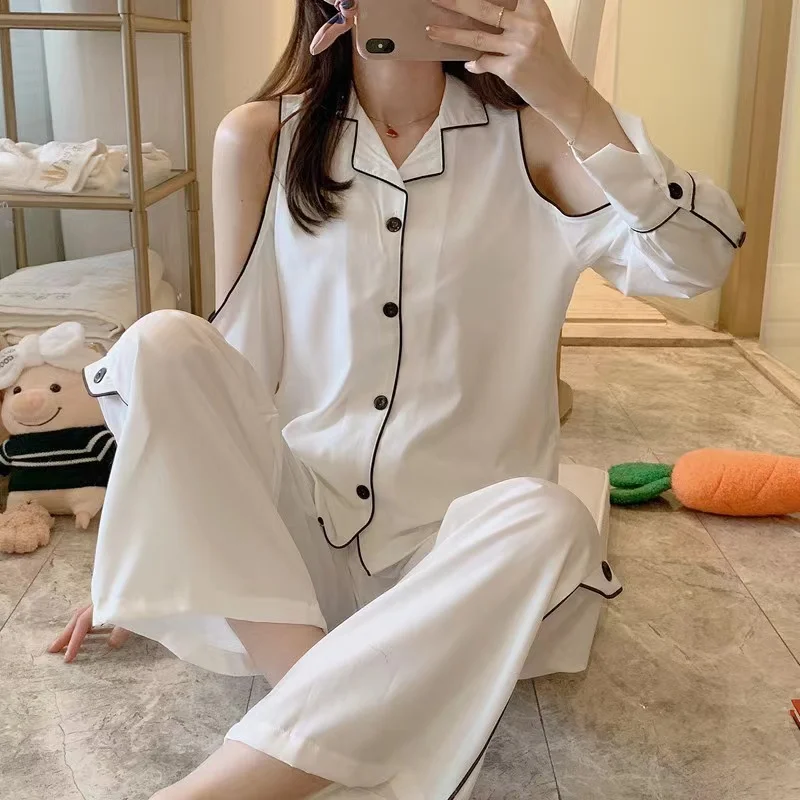 Pajamas Women Spring And Autumn Thin Off-Shoulder Home Wear Sexy Long-Sleeved Ladies Suit