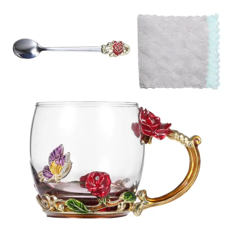 

Mother's Day Gift Flower Glass Coffee Mugs With Spoon&Cleaning Cloth&Gift Box Milk Juice Tea Mug Cup Valentine's Day Lady Gift