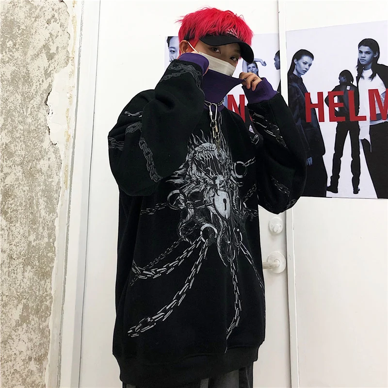 

Harajuku Cartoon Devil Chain Print Hoodie Women Streetwear Hoodie Loose Turtleneck Pullover Vintage Man Hoodie Autumn Hoodie