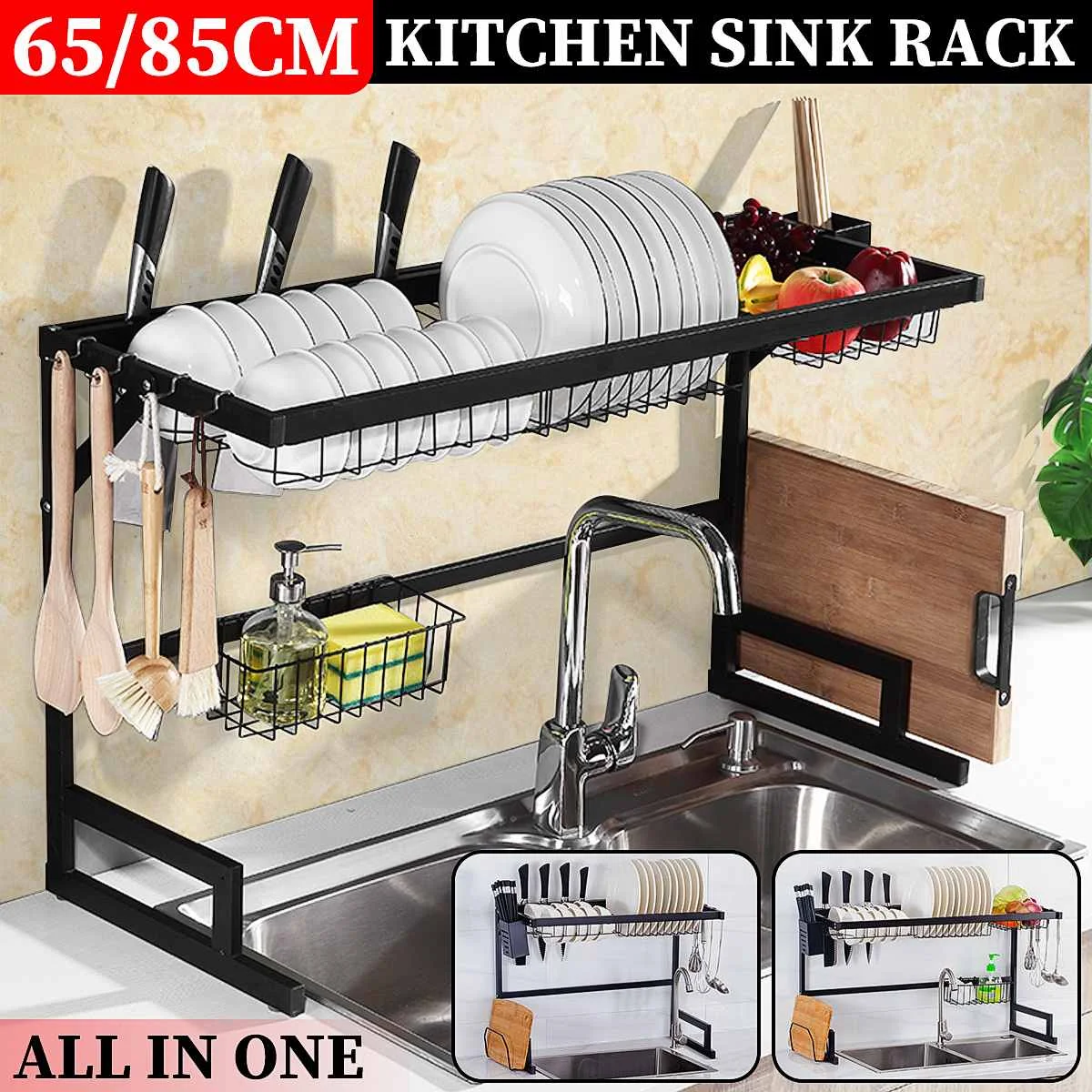 

Kitchen Stainless Steel Dish Rack Over Sink Expandable Organizer Storage Drainer Drying Plate Shelf Knife and Fork Container