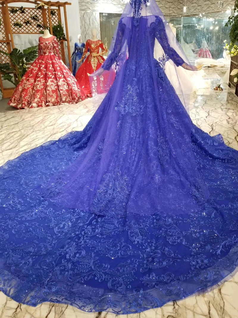 BGW 22718ht Blue Mother Of The Bride Dresses With Train O Neck Long Sleeve Muslim Ladies Party Gown Long 2020 New Fashion Design