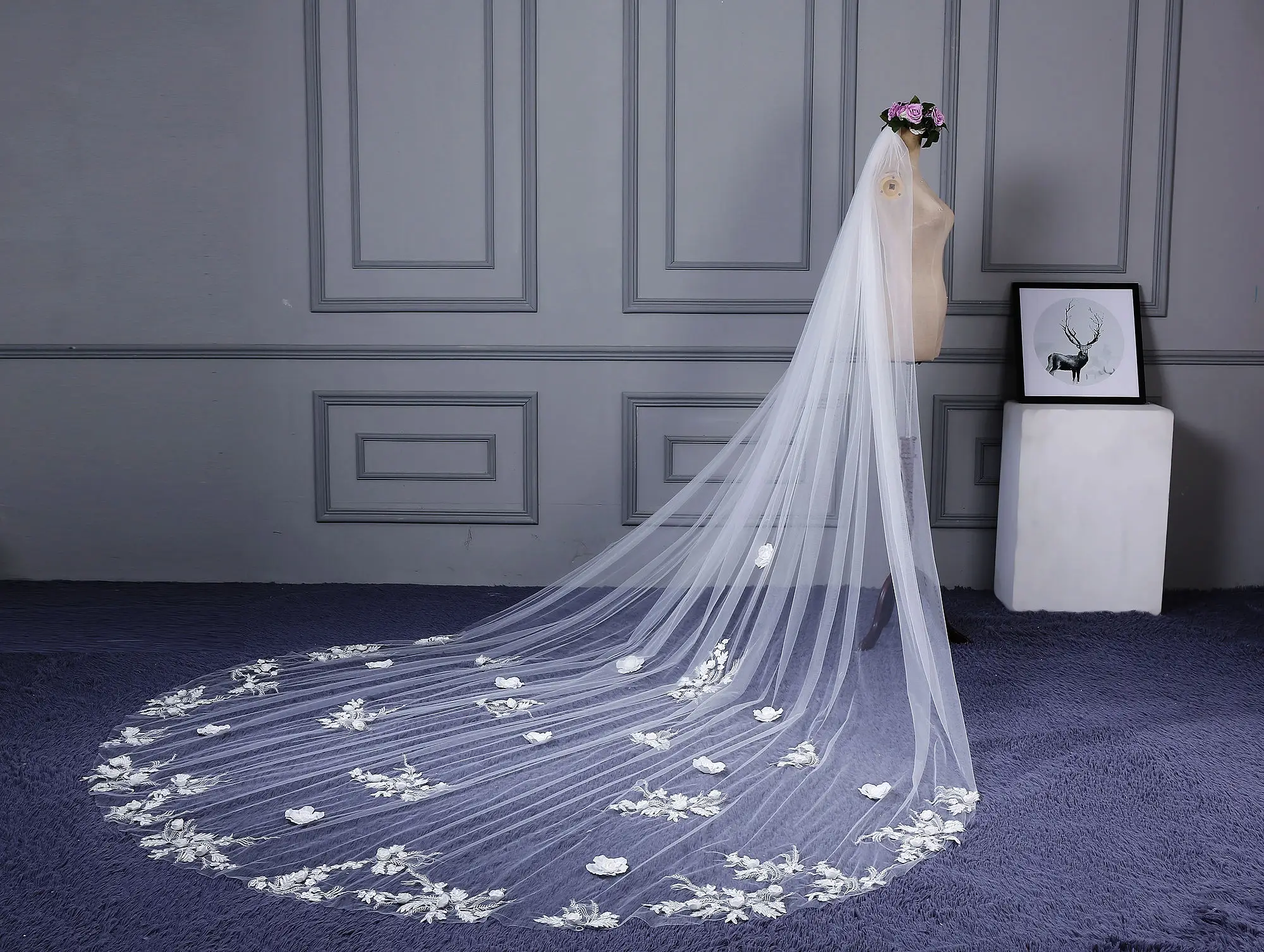 Tanpell Amazing 3D Flowers Appliques Cathedral Wedding Veil One-Layer Ivory Tulle Long Accessories Bridal For | Свадьбы и торжества