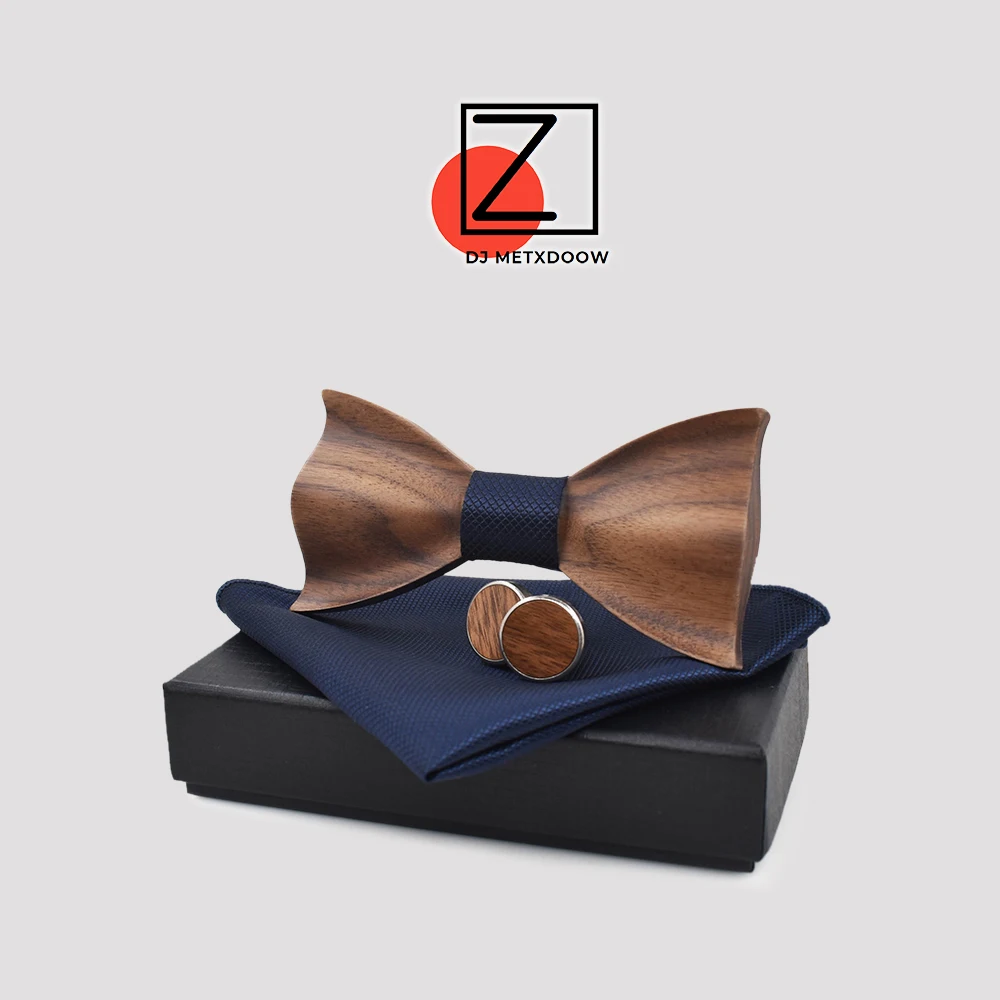 Corbata de madera 3D de nuevo diseño, gemelos cuadrados, pajarita de madera de moda, dinne de boda, corbatas de madera hechas a mano, conjunto de corbatas