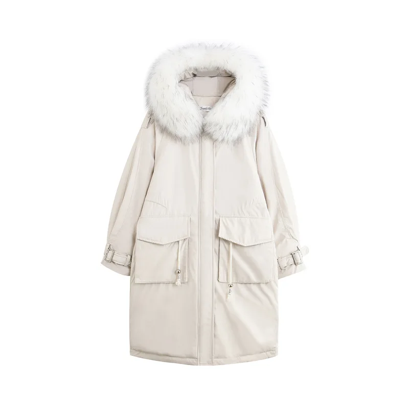 

Women Winter Solid Color Loose Fashion Large Fur Collar Hooded Long Parkas Female Elegant Thick Warm Coat Ladies Slim Coat ML845