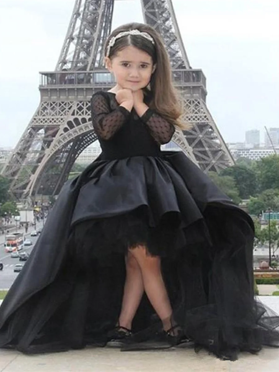 as image Kids Black Hi-Lo Long Sleeve Girl's Pageant Dresses Flower Girl Dresses with Bow for Wedding Party Birthday Princess Gown - Цвет: as image
