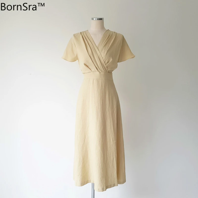 

French style restoring ancient ways of cotton and linen dress new female temperament of summer v-neck sexy cultivate one's moral