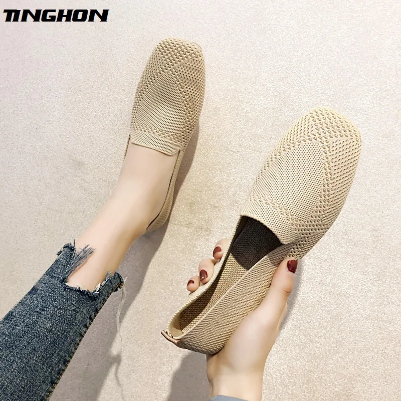 

TINGHON Women Slip On Flat Loafers Square Toe Shallow Ballet Flats Shoes knitting Casual Flat Shoes Ballerina Flats US4-11