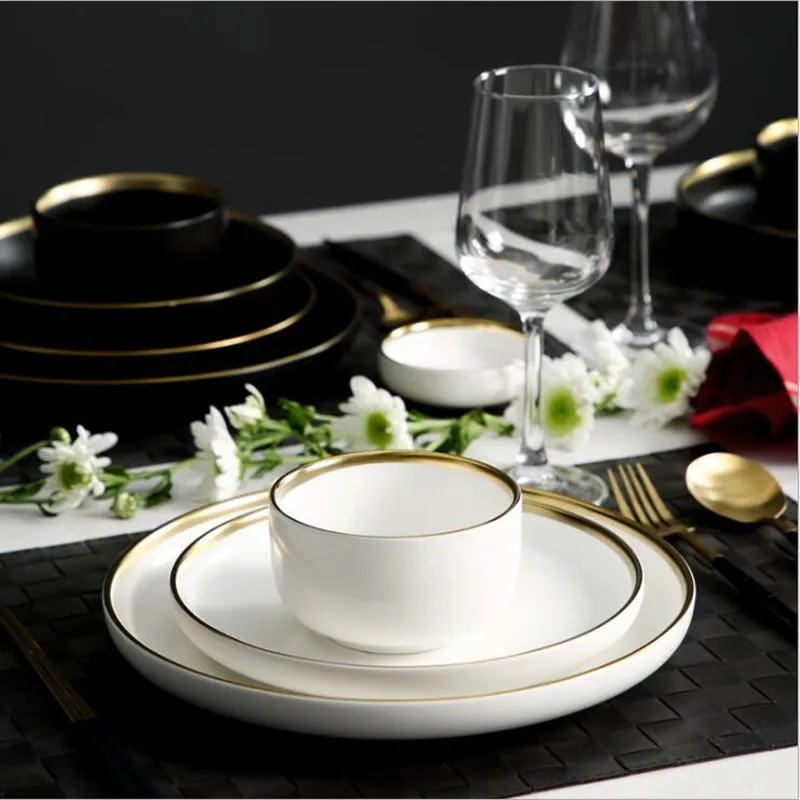Gilt Rim Blak Porcelain Dinner Plate Set Kitchen Ceramic Tableware Food Dishes Rice Salad Noodles Bowl Mug Cutlery 1pc | Дом и сад
