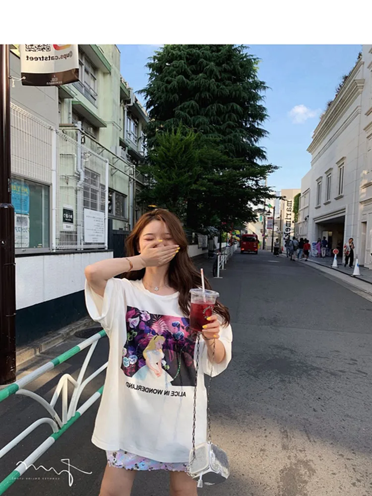 Дисней Алиса короткий рукав женский Harajuku inst рубашка свободная круглый вырез рубашка женское летнее платье