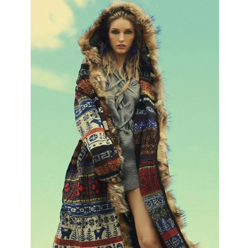 Длинное богемное Женское пальто Bellflower, Осень-зима, плотное вязаное пальто с капюшоном и принтом из искусственного меха, индийские народные пальто для женщин s