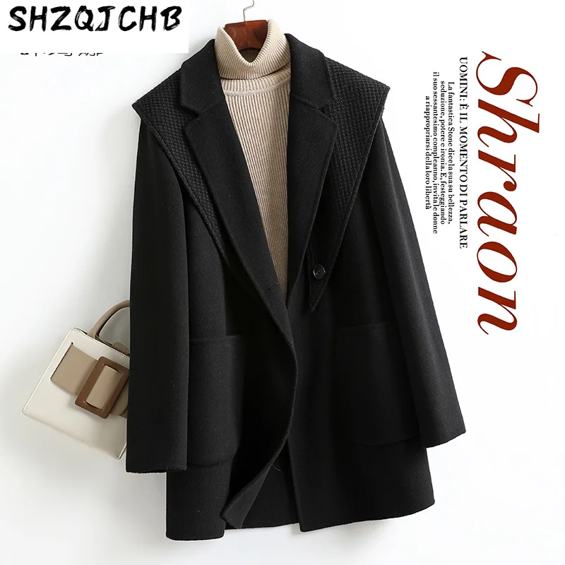 

Женское двухстороннее твидовое пальто SHZQ, осенне-зимнее пальто средней длины, 100% шерсть