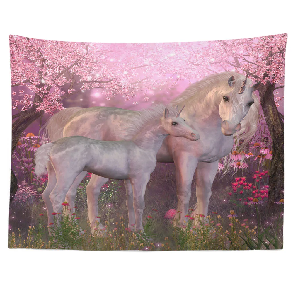"Настенная гобеленовая ткань с изображением лошадей и цветущей вишни для украшения комнаты, спальни и занавески"
