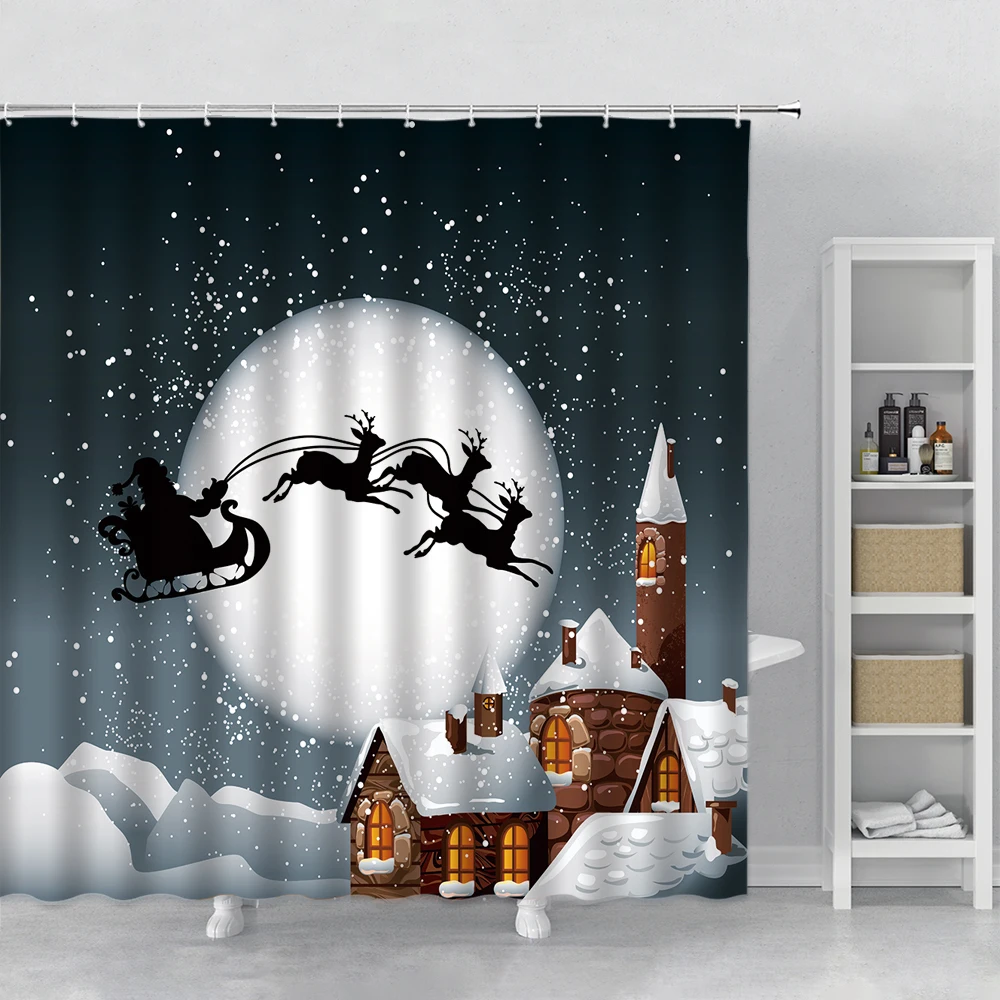 Black Funny Christmas Shower Curtain Snowflake Santa Claus Waterproof Bathroom Curtains Polyester Bathtub Screen With Hook