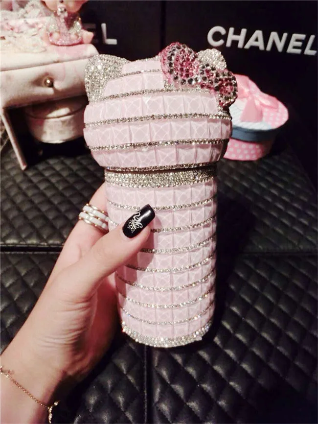300ml pink Милый Кот инкрустированный бриллиантами Термокружка для воды - Цвет: 300ml pink