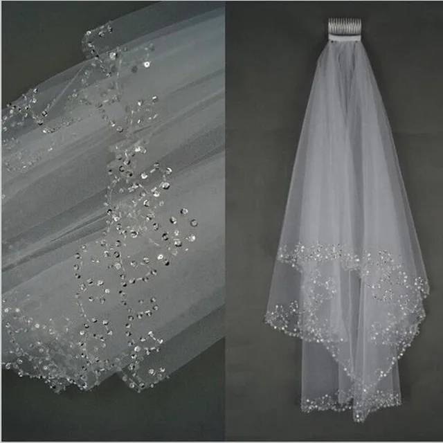 

White Ivory Woman Bridal Veils Wedding Veils 2 Layers 75CM Handmade Beaded Edge With Comb Wedding Accessories
