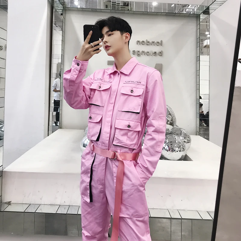 Men Streetwear Hip Hop Casual Jumpsuit Cargo Pant Male Women Overalls Couple Stage Clothing Yellow Pink Black Trousers | Мужская одежда
