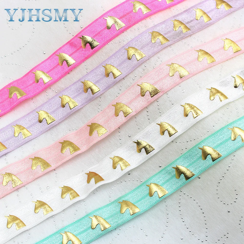 

E-20425-694 , 5/8 ”горячая золотая эластичная лента с принтом единорога, DIY аксессуары ручной работы, декоративная лента для упаковки