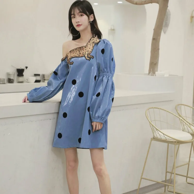 

Embroidered Satin Dress Women Spring Summer Chic Casual Loose Party Club Irregular Collar Mini Polka Dot A-line Dress Vestidos