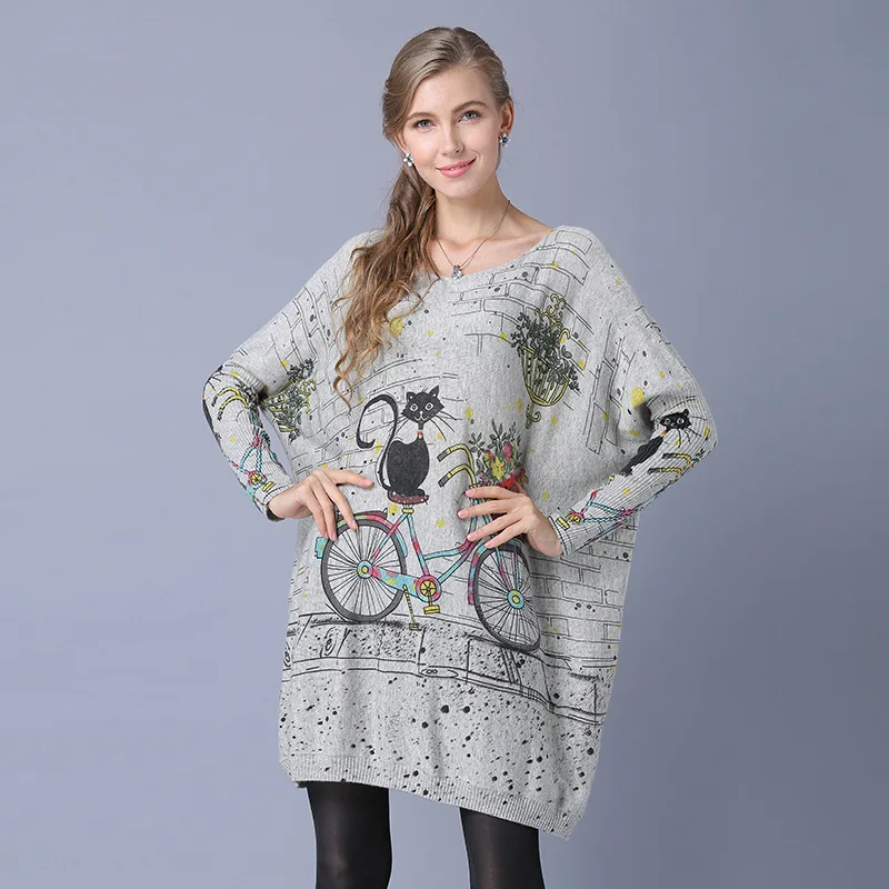 

turtleneck sweaters christmas women's grey cat bicycle floral casual ladies pullover knitwear long 2019 autumn winter free ship
