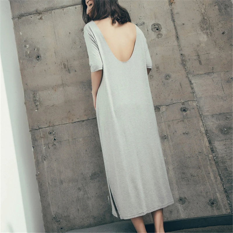 

Backless long skirt sexy Sleepwear woman modal night skirt soft gray home service summer simple short sleeves nightdress