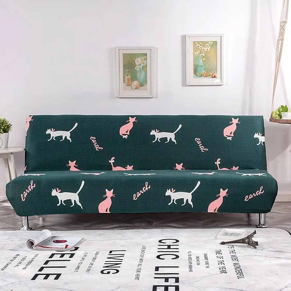 

Cartoon Cats Dark Green Stretch Elastic No Armrest Sofa Cover Armless Slip Cover Polyester/Spandex Parlour Living Room