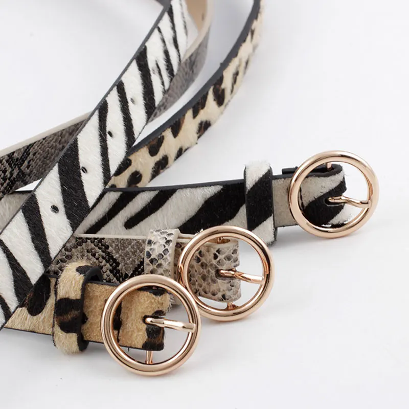 

Fashion Snake Zebra Female Belt Horsehair Belt With Leopard Pattern Female Belt PU Rose Gold Metal Buckle Horsehair Waist Belt