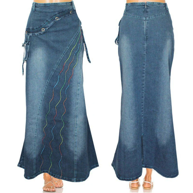 

2021 Women Spring Vintage Patchwork Denim Skirt High Waist Cowboy Mermaid Skirt Female Casual Side Pockets Black Long Skirts