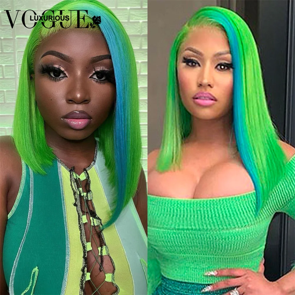 

Green Highlight Wig Human Hair Brazilian Remy Short Bob Wig Blue Colored Human Hair Wigs For Women Pre Plucked 4x4 Closure Wig