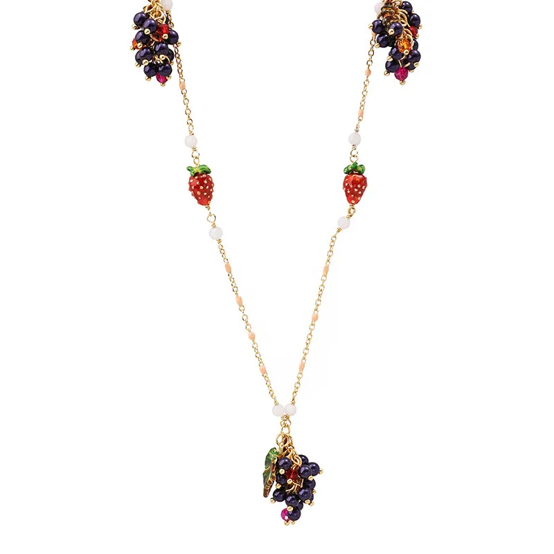 

European and American Personality Long Grape Fruit Tassel Pendant Necklace Enamel Glaze Strawberry Sweater Chain Necklace