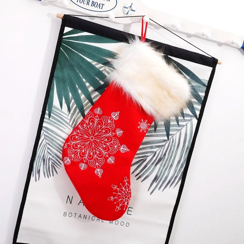 

New Red Christmas Socks Decoration Gift Bag Snowflake Embroidery Socks Single-sided Velvet Plush Bag