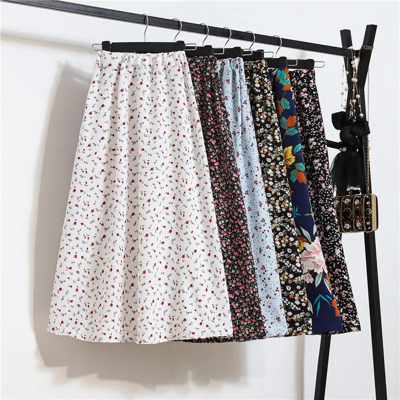 

2021 Vintage Floral Print Chiffon A-Link Skirt Elastic High Waist Casual Midi Skirt Clothes Jupe Plus Size Summer Skirts Womens