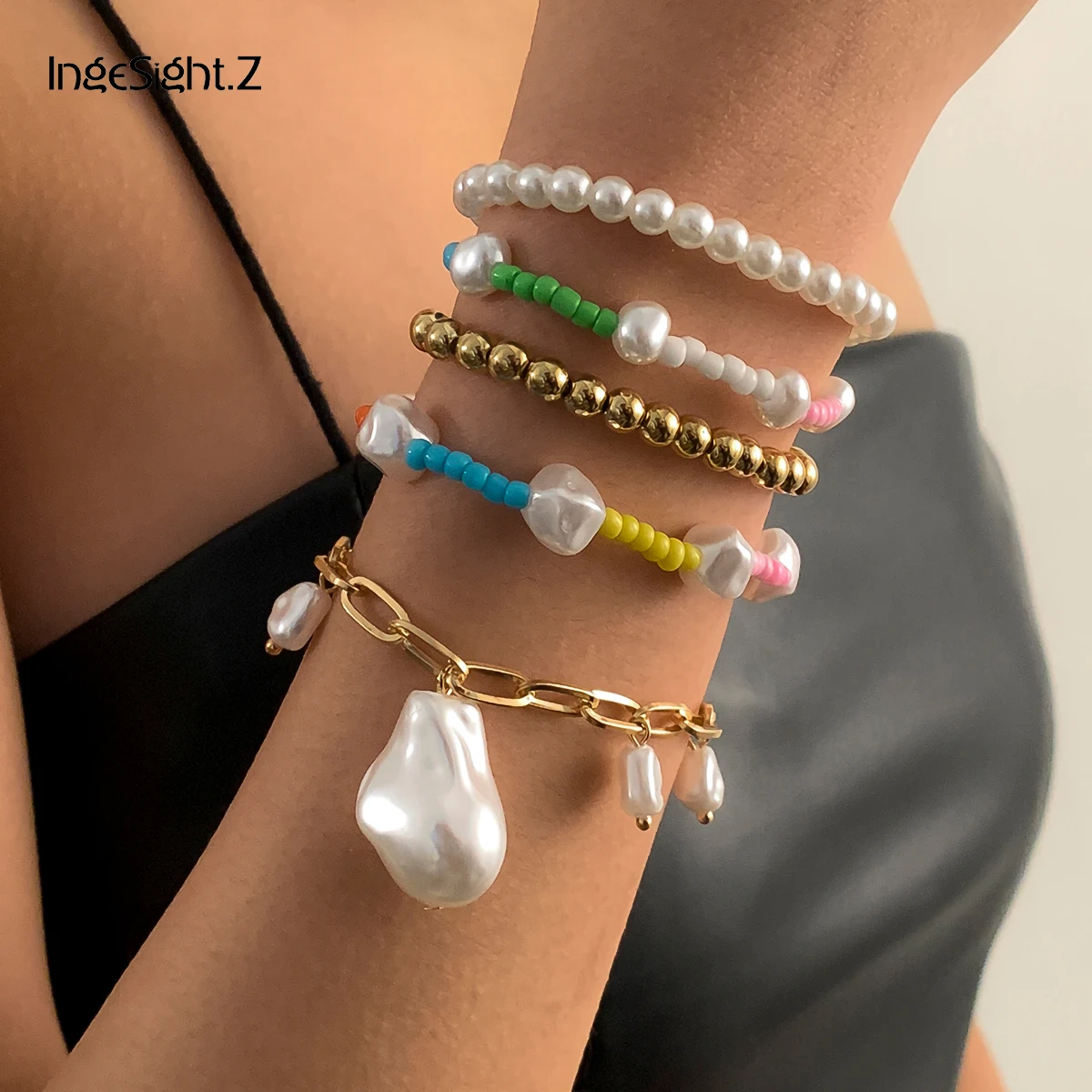 

IngeSight.Z 5Pcs/Set Rainbow Colorful Seed Beaded Chain Bracelet Baroque Imitation Pearl Tassel Pendant Bracelets Bangle Jewelry